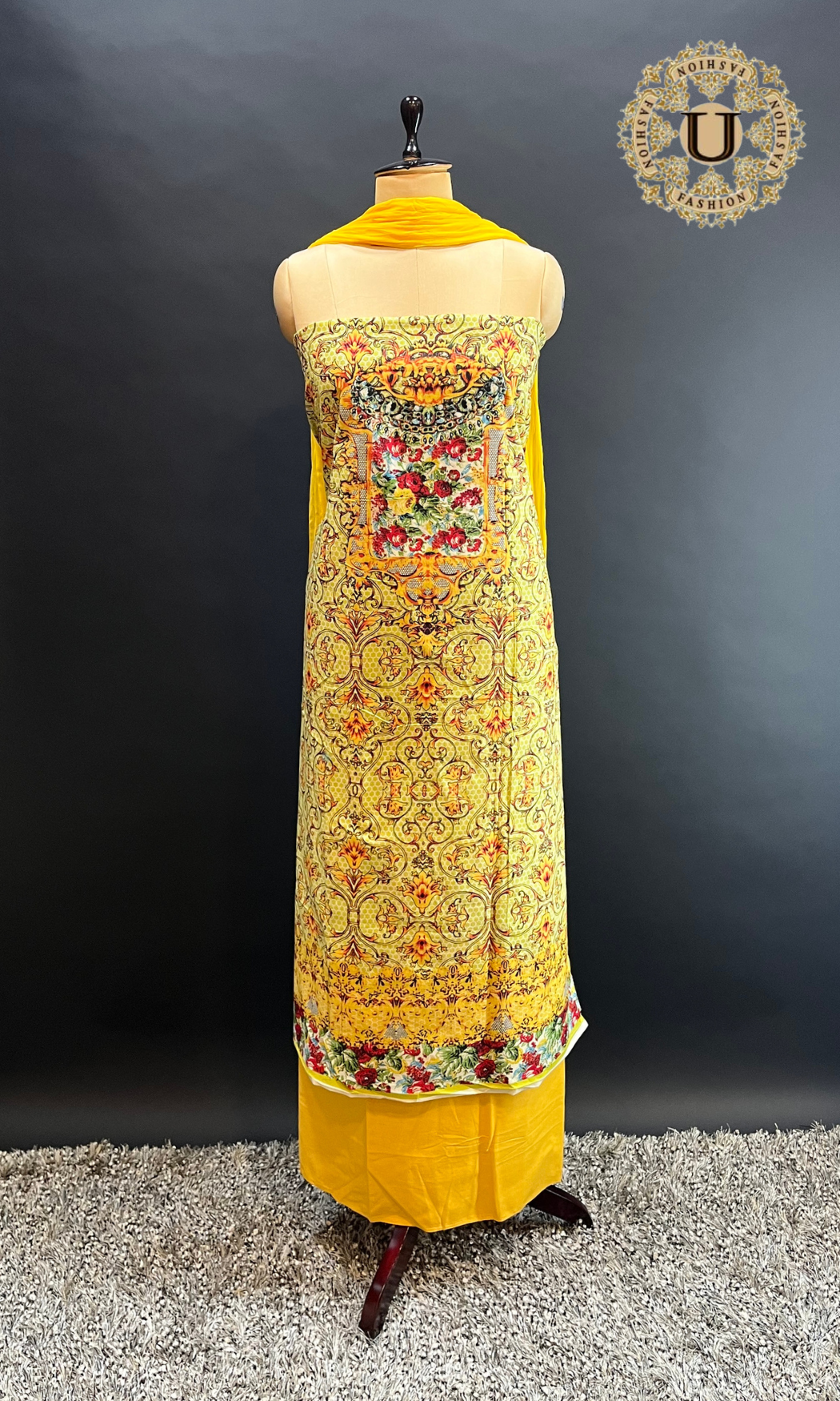 Lemon yellow printed cotton Semi chiffon dupatta unstitched suit