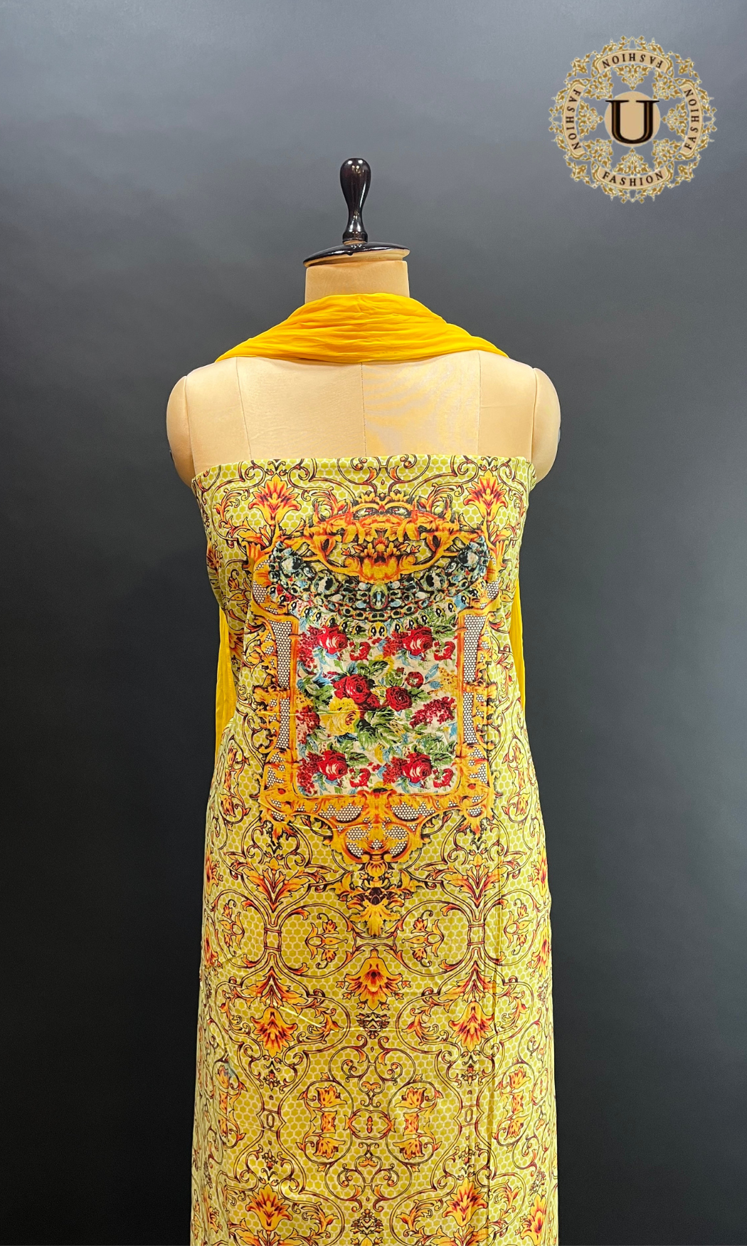 Lemon yellow printed cotton Semi chiffon dupatta unstitched suit