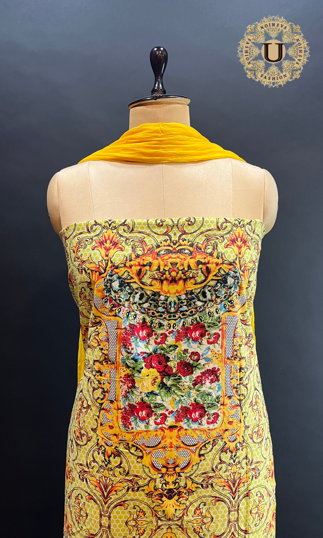 Lemon yellow printed cotton Semi chiffon dupatta unstitched suit