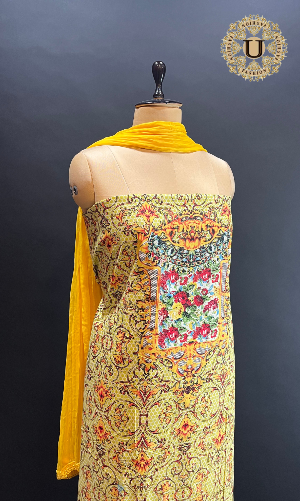 Lemon yellow printed cotton Semi chiffon dupatta unstitched suit