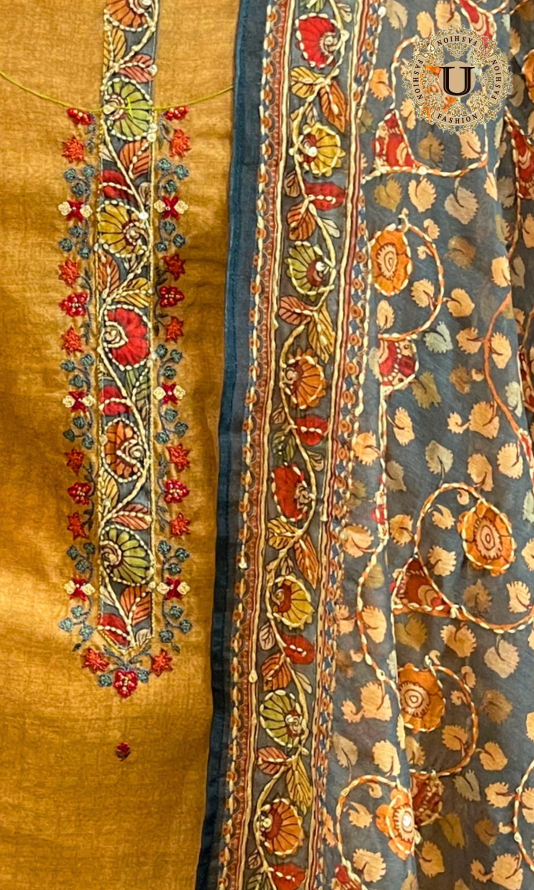 Mustard Kanta work Un-stitched Suit