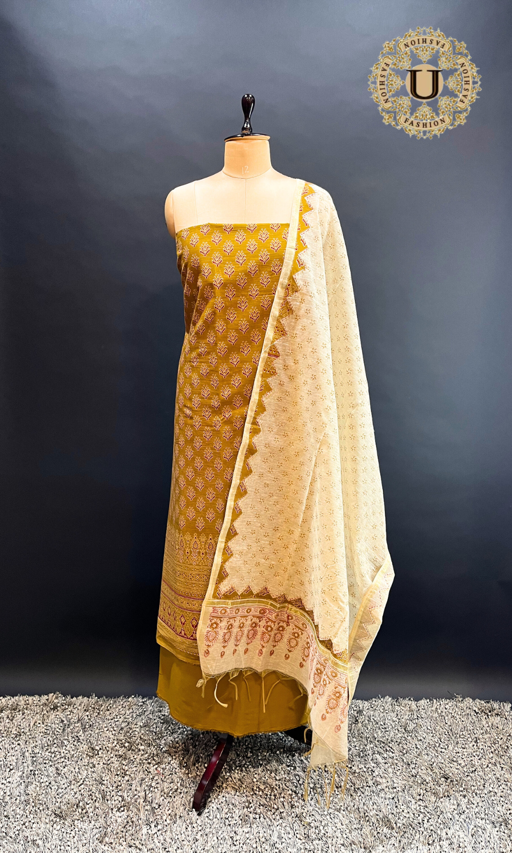 MUSTARD BLOCK PTD APPLIQUE WORK UN-STICHED SUIT.