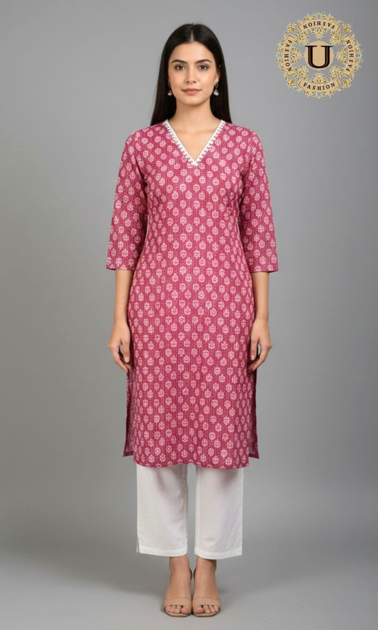Red Cotton Printed Long Kurti