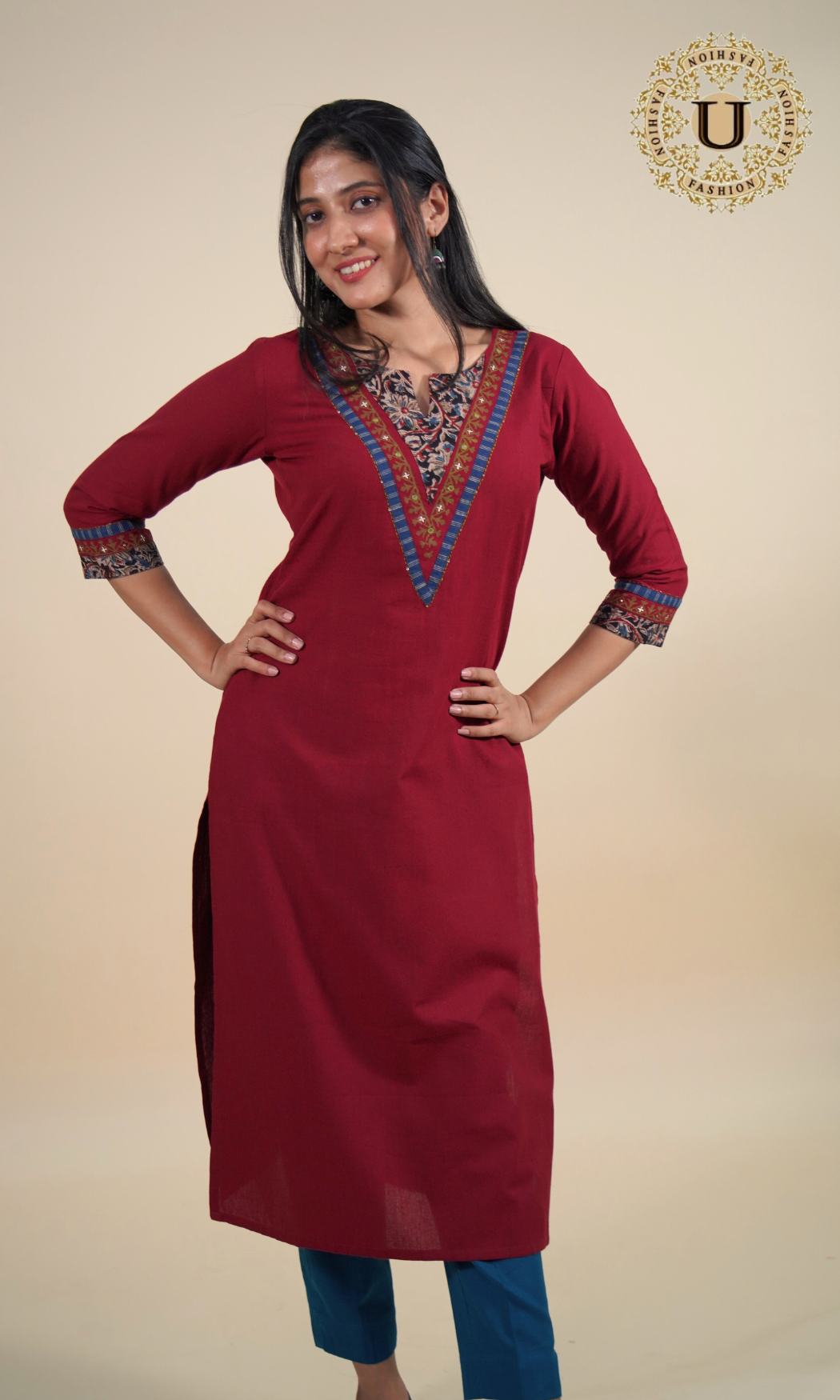 Maroon Cotton Patti Yoke Long Kurti