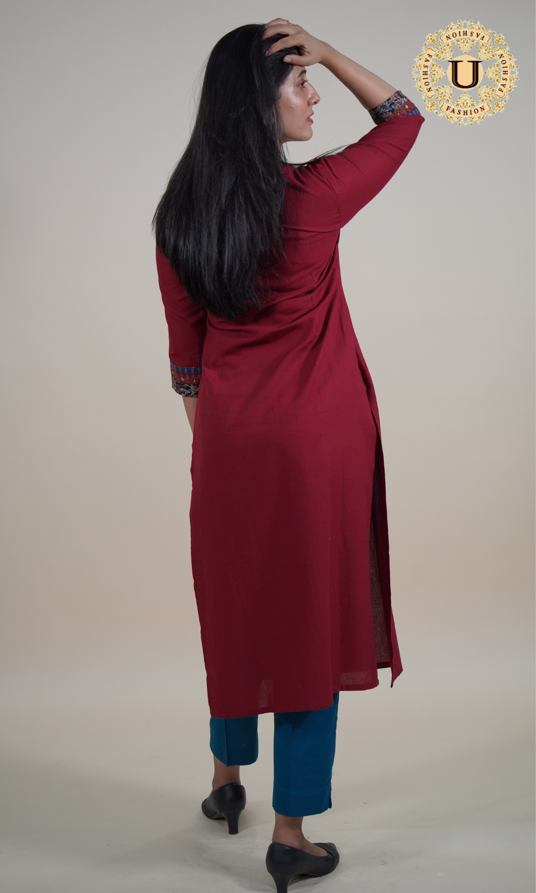 Maroon Cotton Patti Yoke Long Kurti