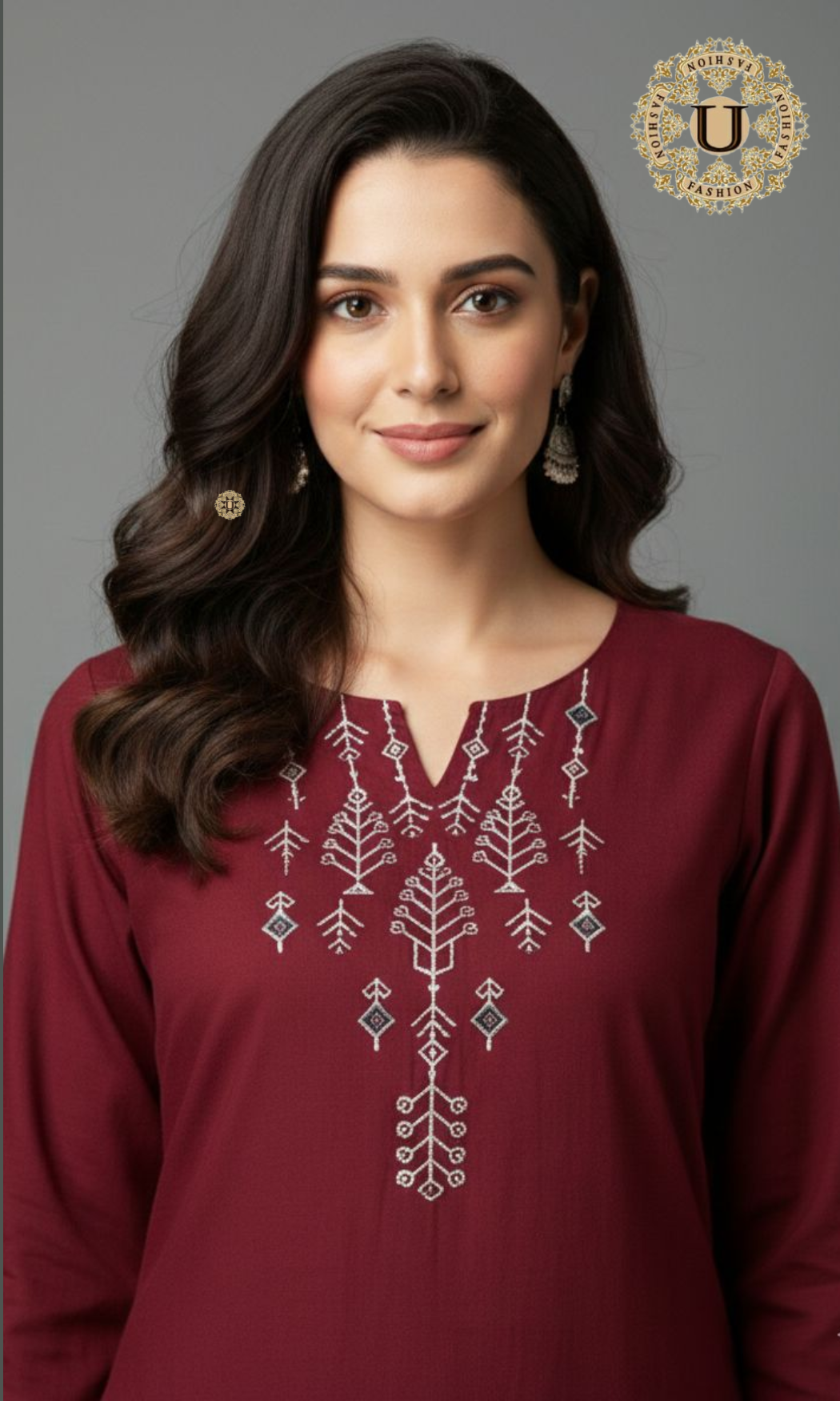 Maroon Cotton Embroidered Yoke Long Kurti