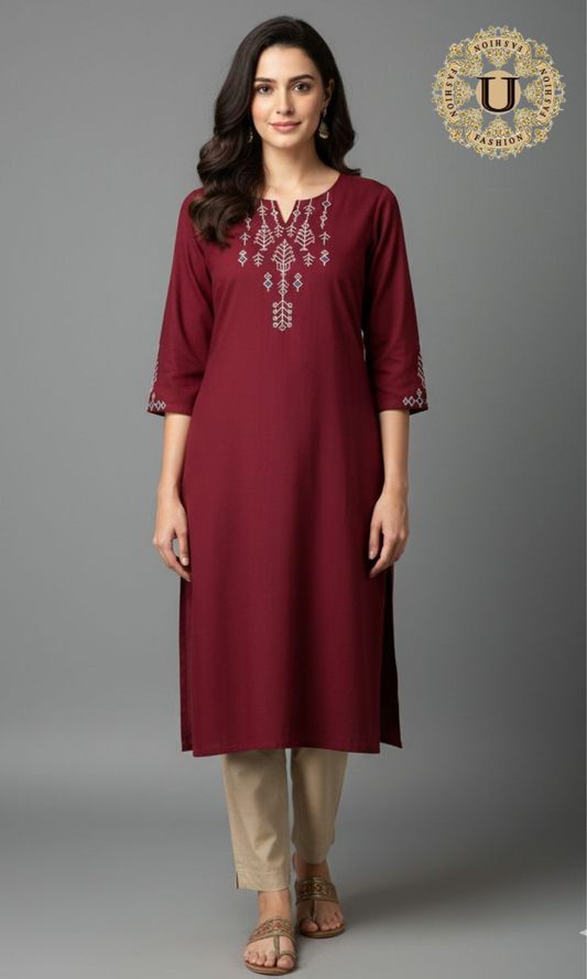 Maroon Cotton Embroidery Yoke Long Kurti