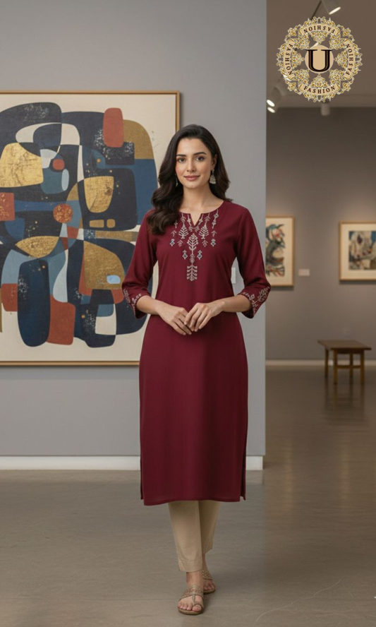 Maroon Cotton Embroidery Yoke Long Kurti