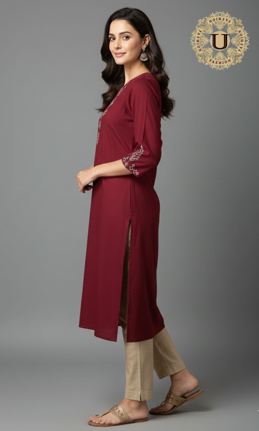 Maroon Cotton Embroidery Yoke Long Kurti