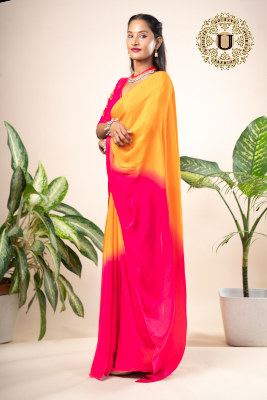 Pink and orange shaded pure crape saree