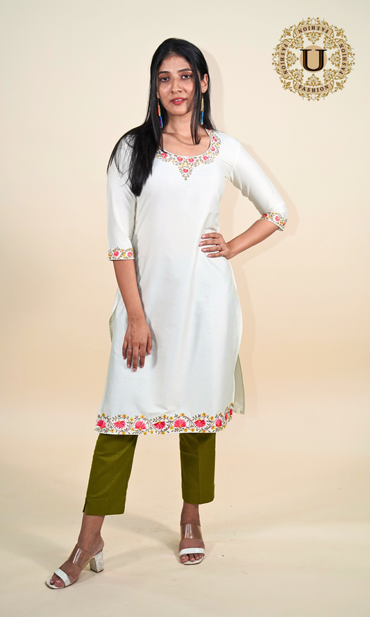 Off-white Spun Floral Embroidery Long Kurti