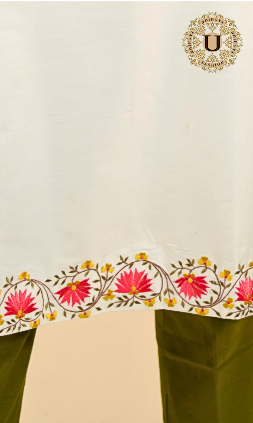Off-white Spun Floral Embroidery Long Kurti