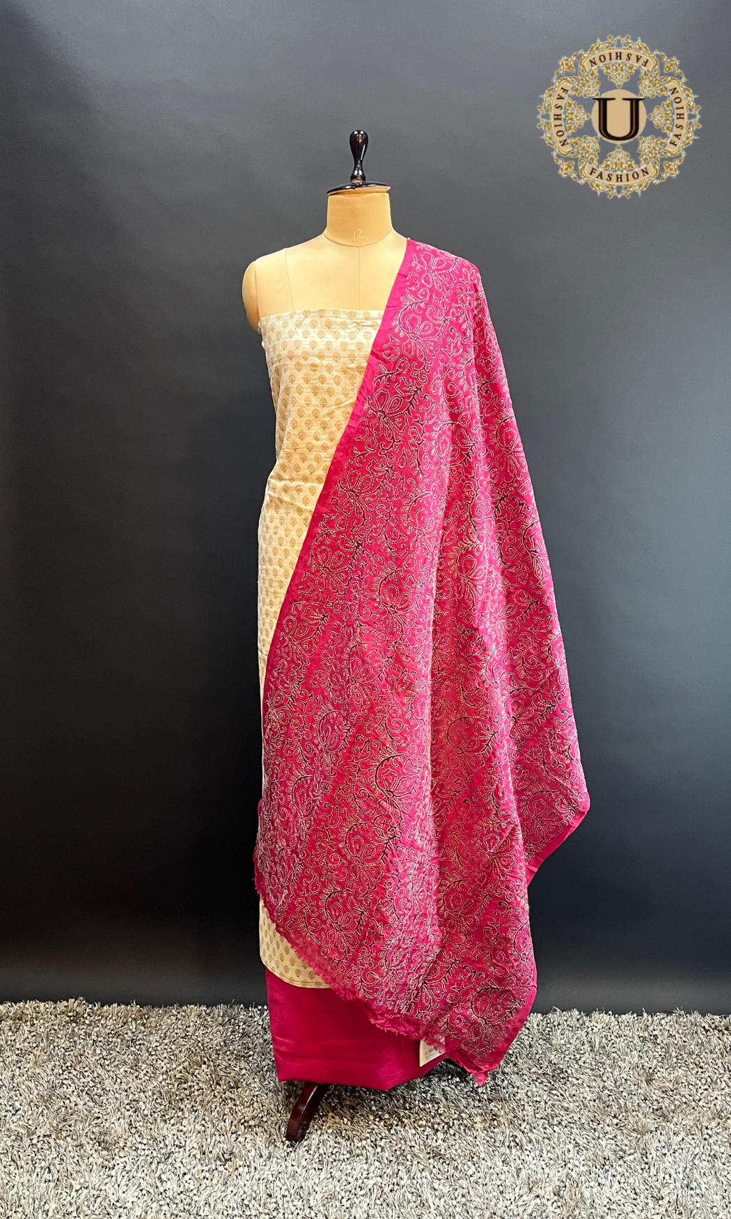 Cream Geecha Silk Block printed Kanta Work Dupatta Un-stitched Suit