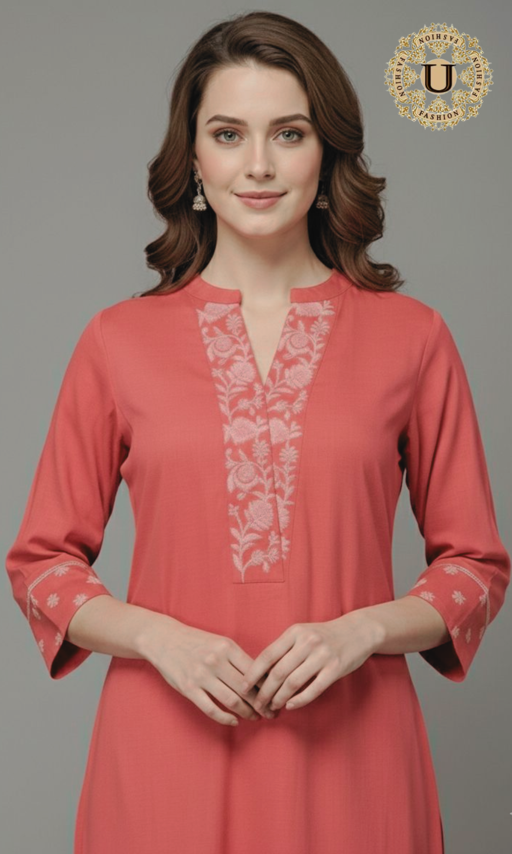 Peach Cotton Emroidered Long Kurti