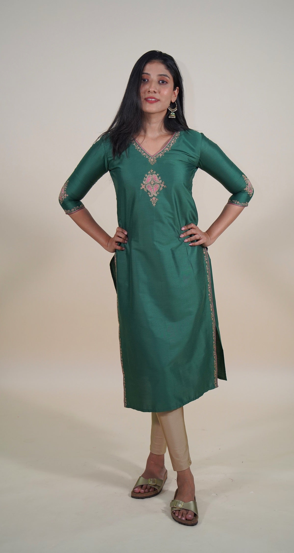 Metalic Green Embroidered Long Kurti