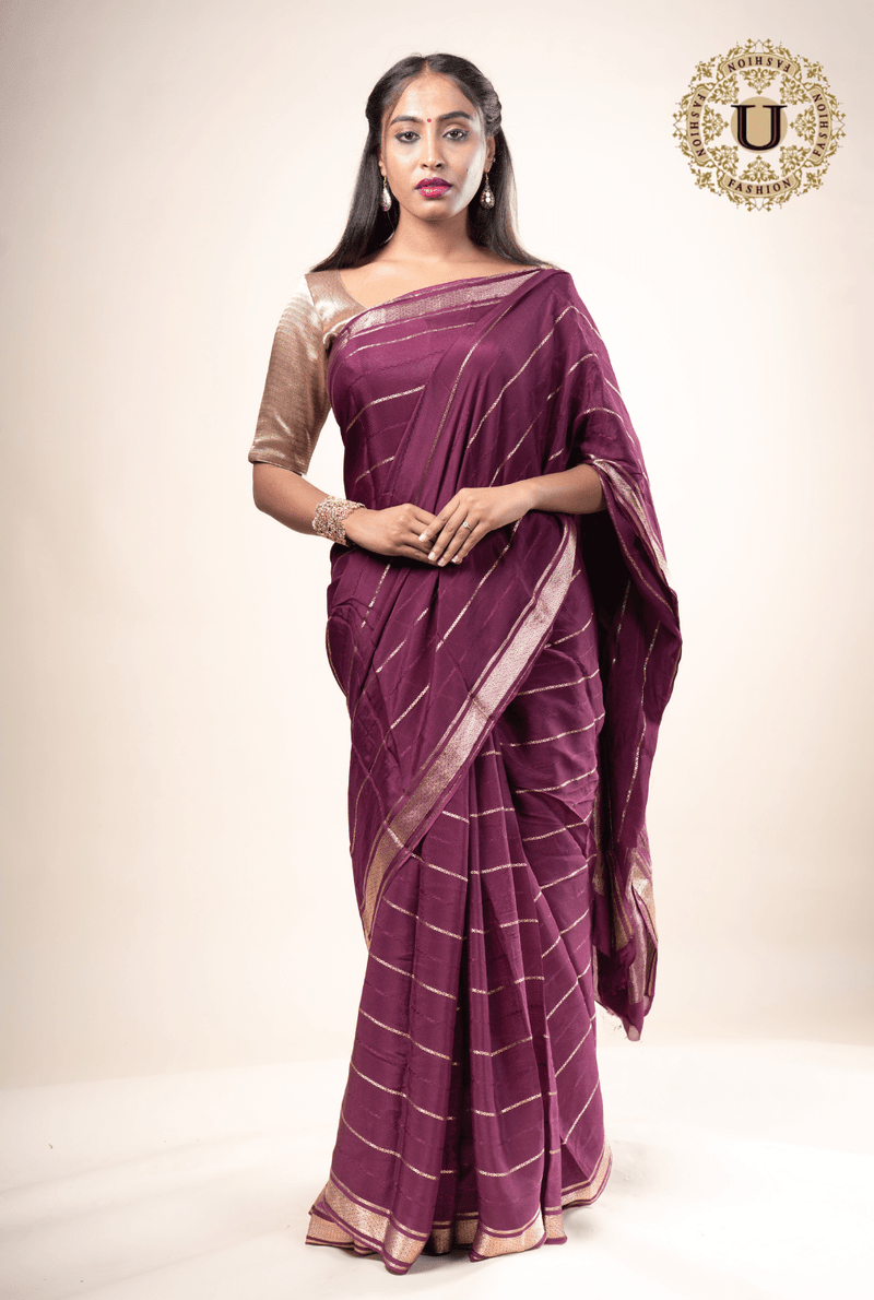 Wine mix crape zarri line fancy saree U fashion
