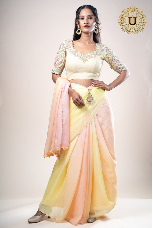 Lemon Yellow Shaded Pure Chiffon Saree