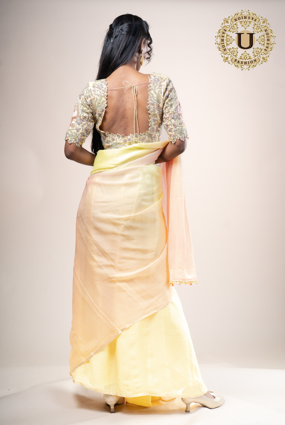 Light Yellow Emroidered Pure Chiffion Saree