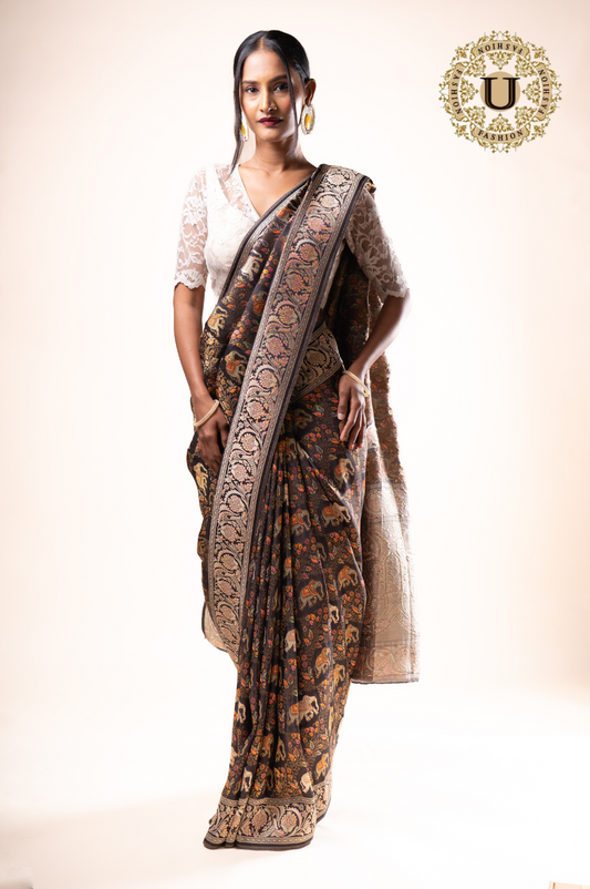Black Elephant Motif Sanchi Silk Saree