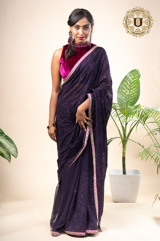 VIOLET GEORGETTE SEQUENCE EMBROIDERED SAREE
