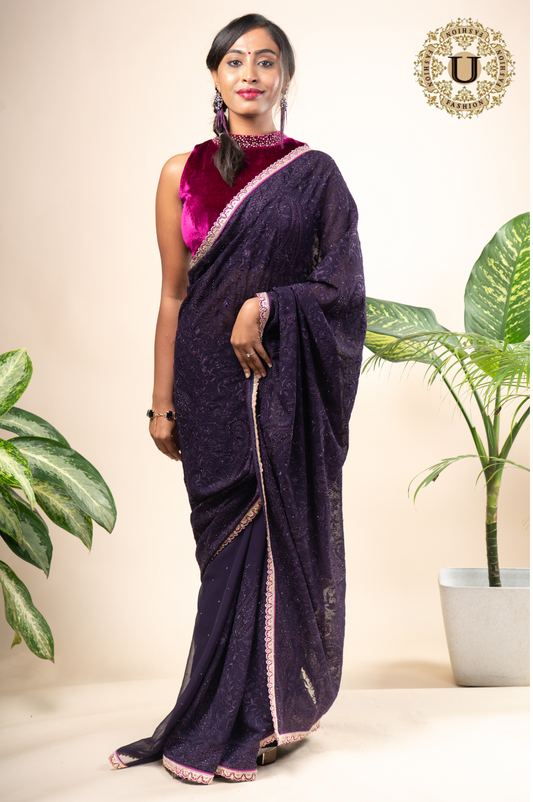 VIOLET GEORGETTE SEQUENCE EMBROIDERED SAREE