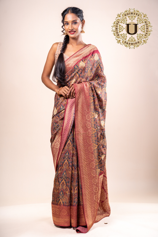 MAROON MUSLIN PRINTED SEMI SILK SAREE