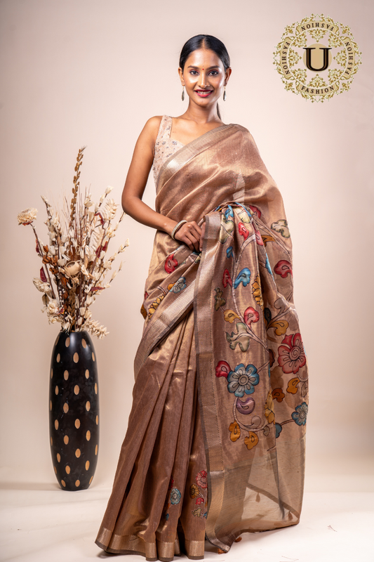 Copper Cotton Silk Kalamkari Applique Saree