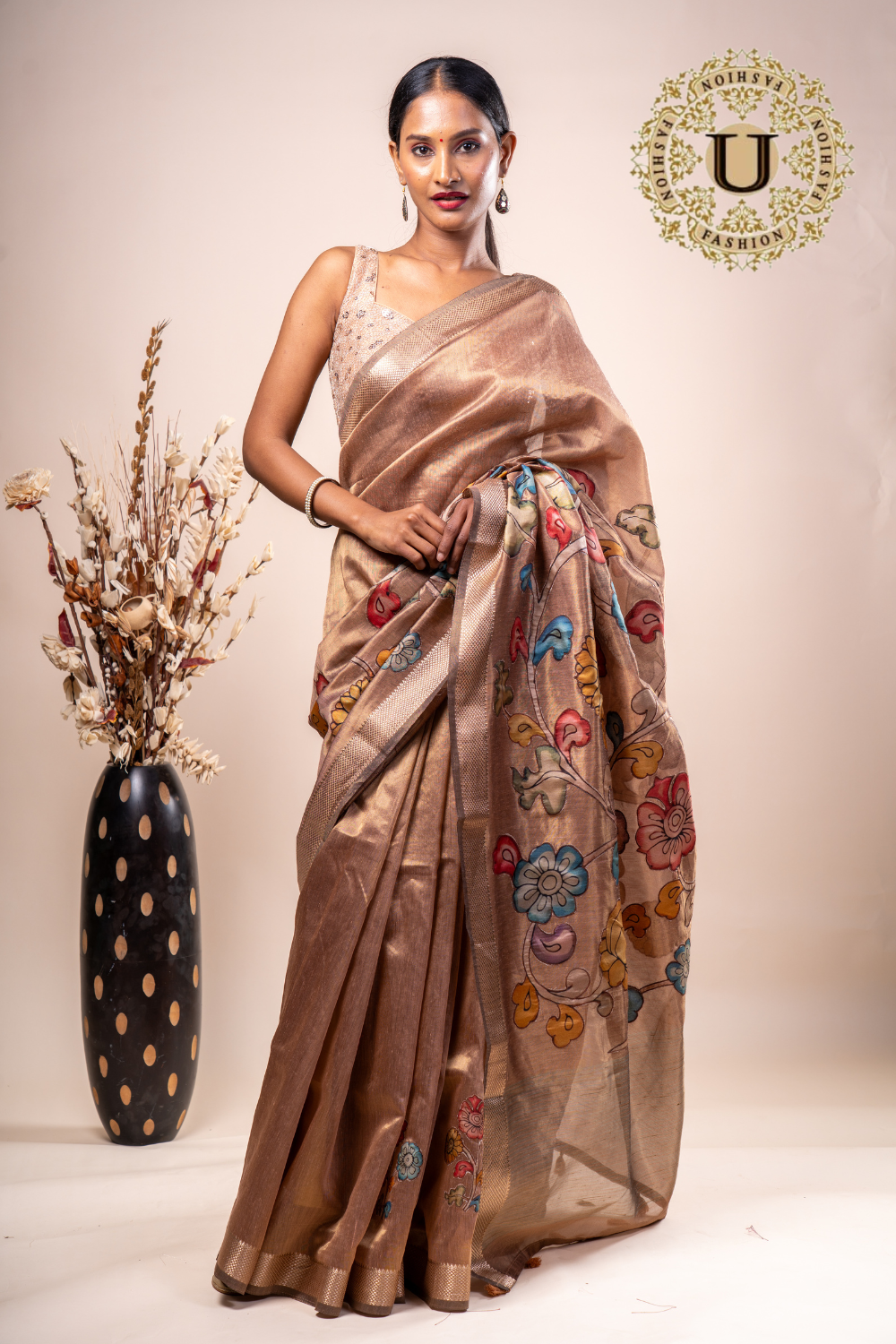 Copper Cotton Silk Kalamkari Applique Saree