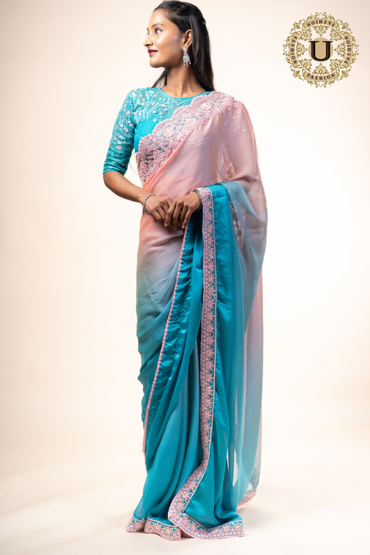 Blue & Pink Chiffon Saree