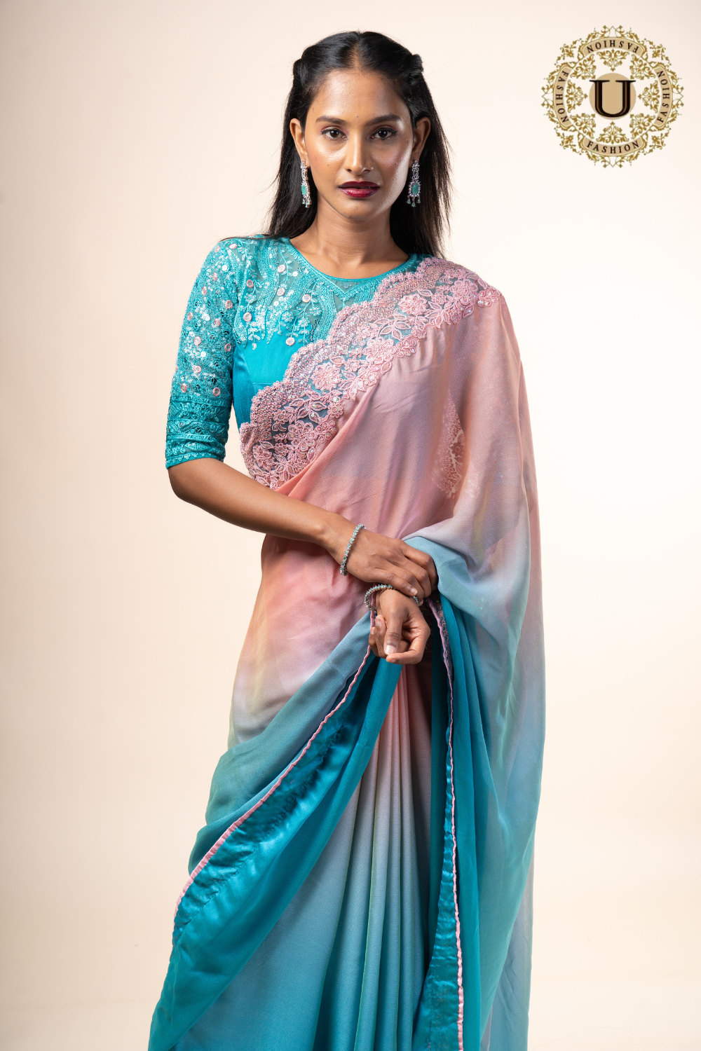 Blue & Pink Chiffon Saree