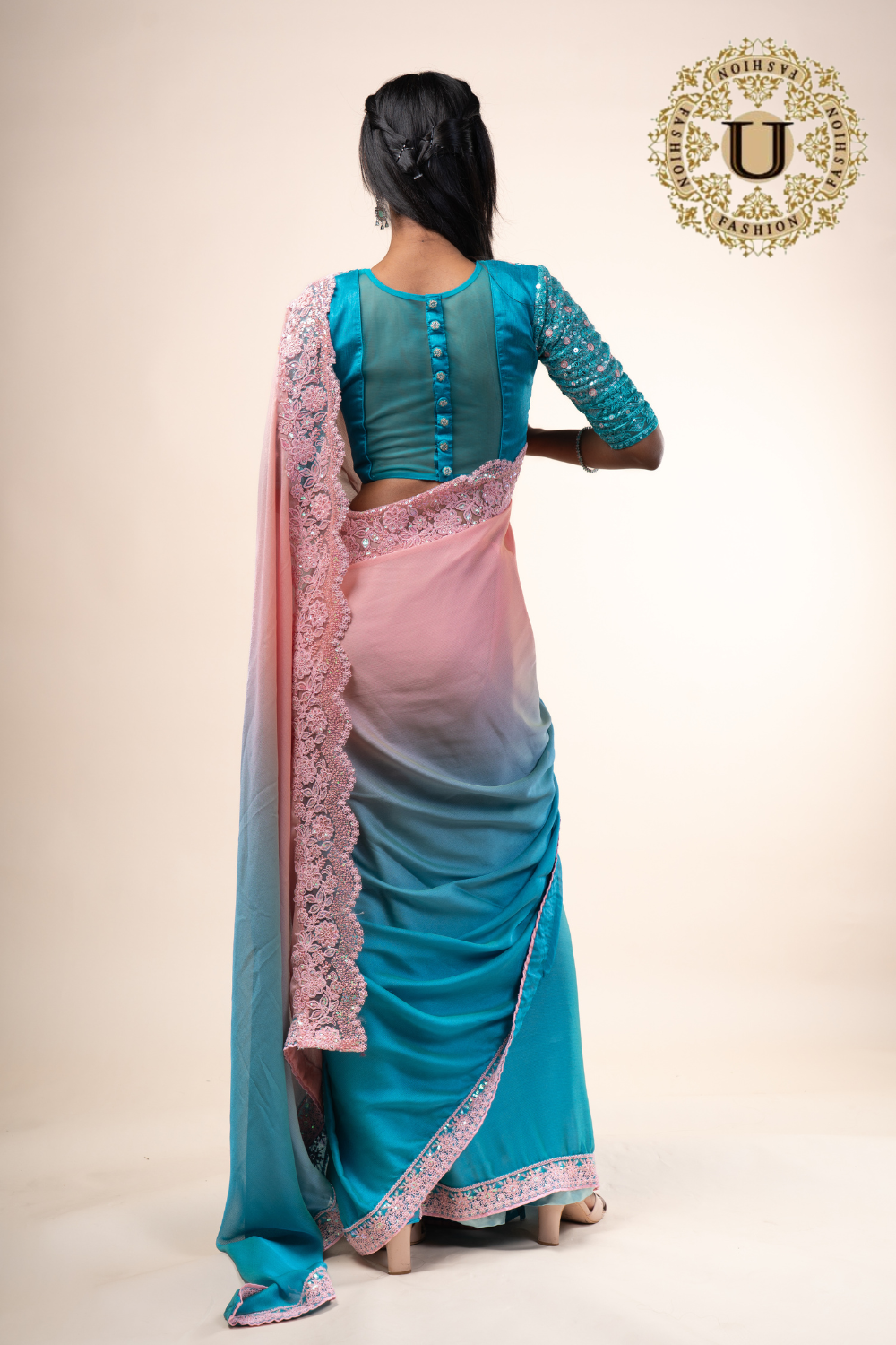 Blue & peach shaded crape fancy saree
