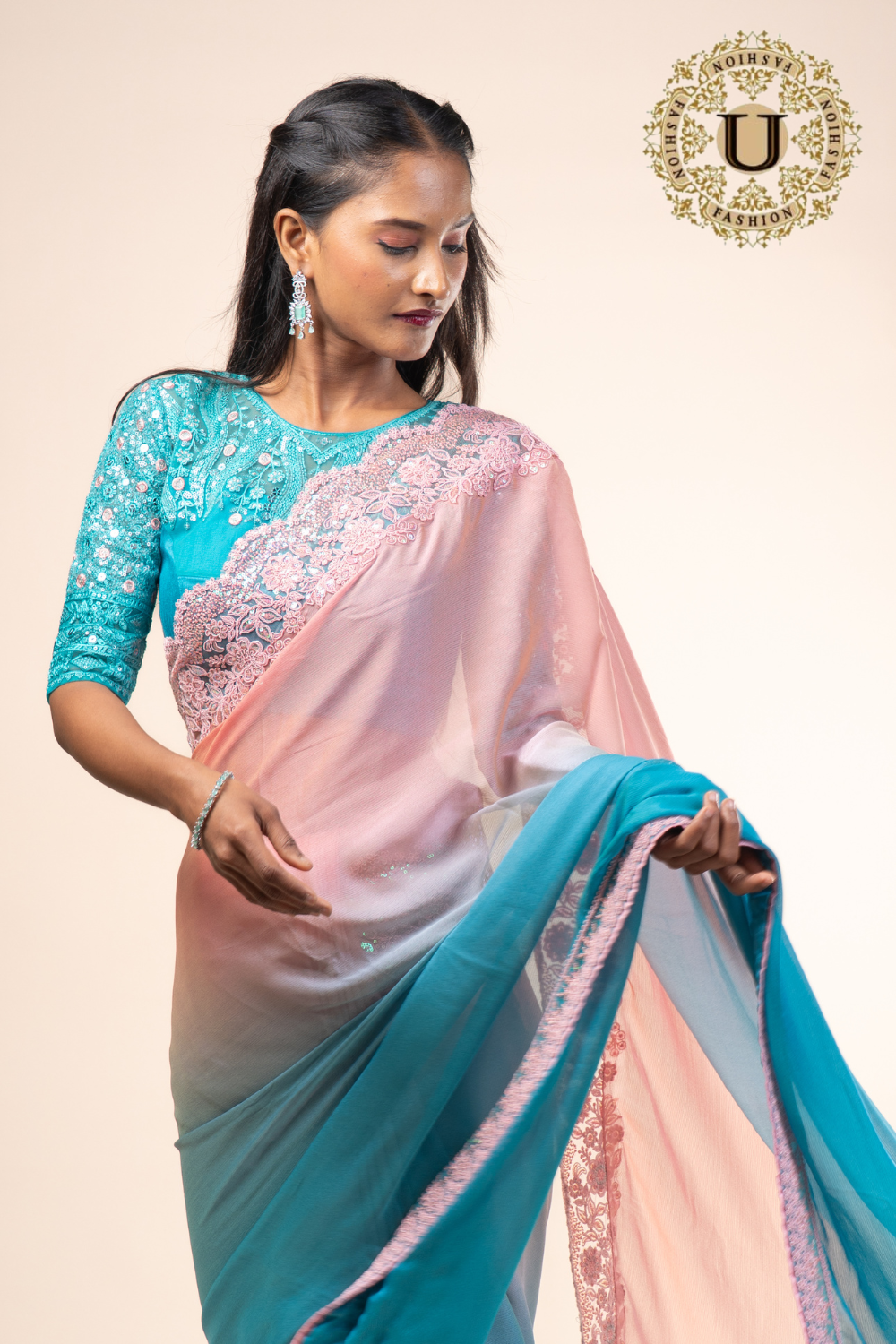 Blue & peach shaded crape fancy saree