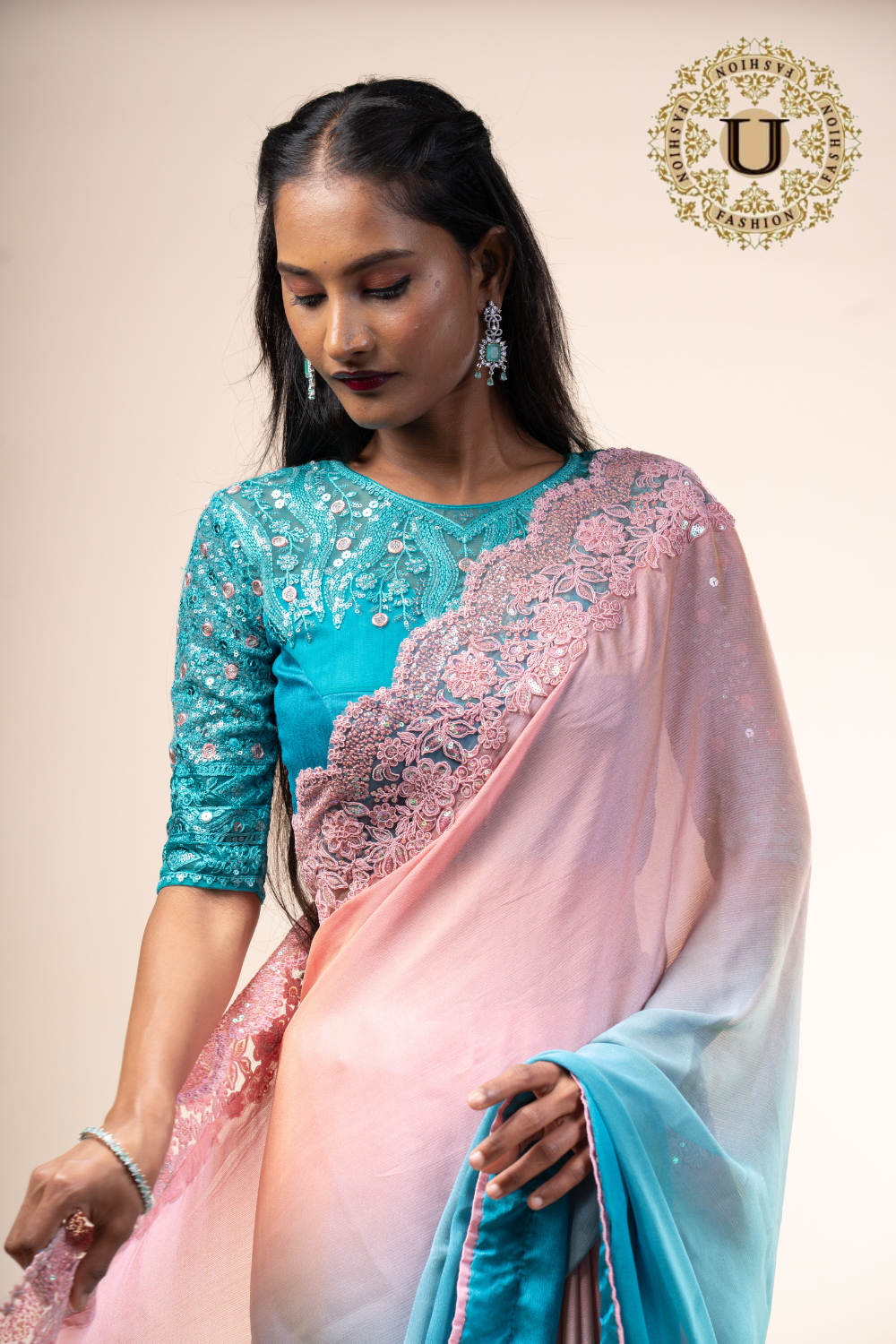 Blue & peach shaded crape fancy saree