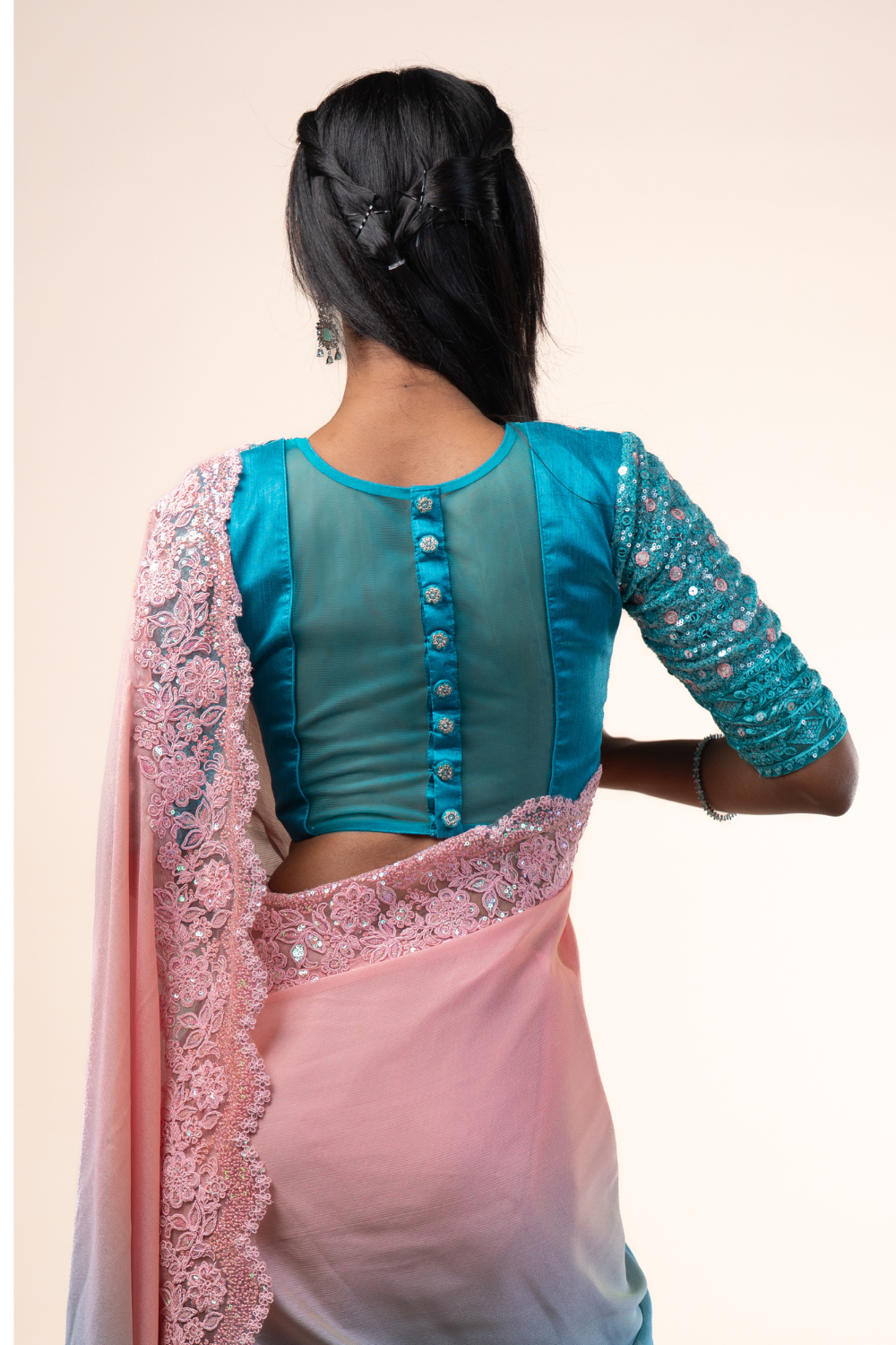 Blue & peach shaded crape fancy saree
