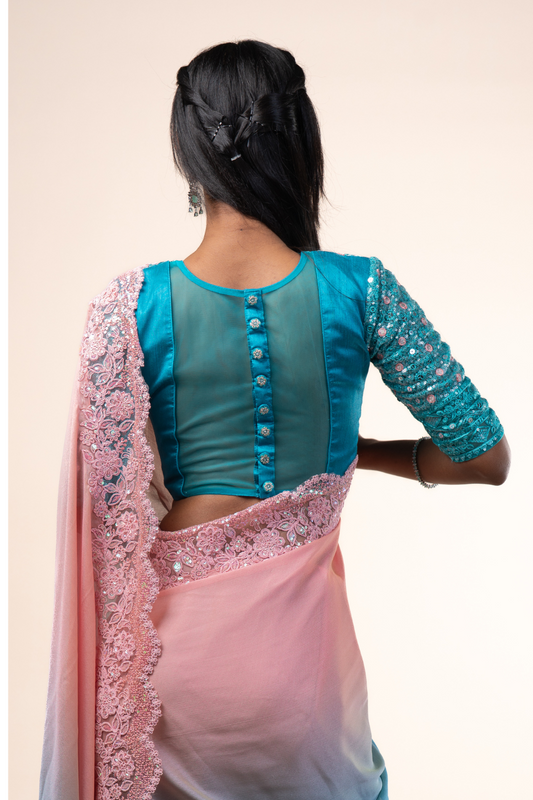 BLUE & PEACH SHADED CRAPE FANCY SAREE