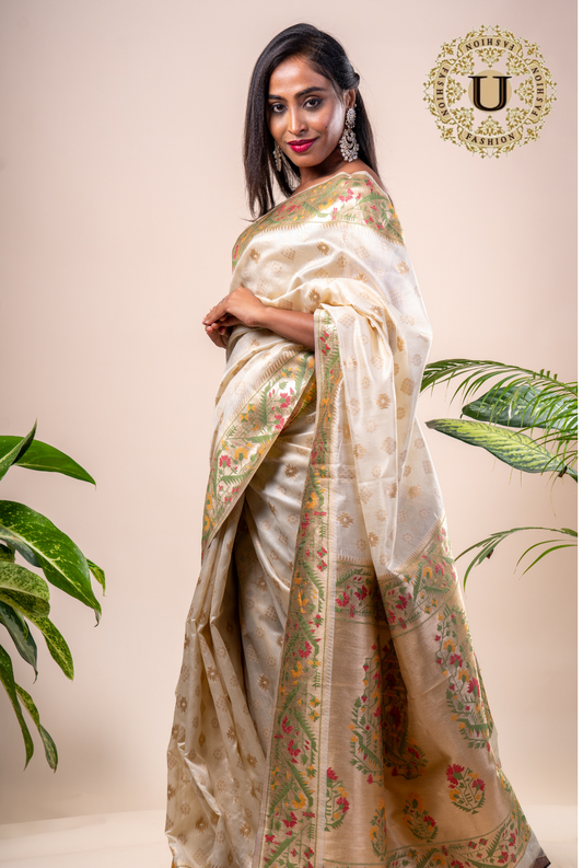 Off white Blended Silk  Zari Border Saree