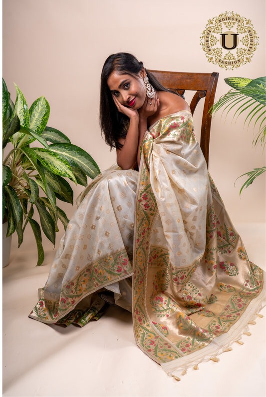 Off white Blended Silk  Zari Border Saree