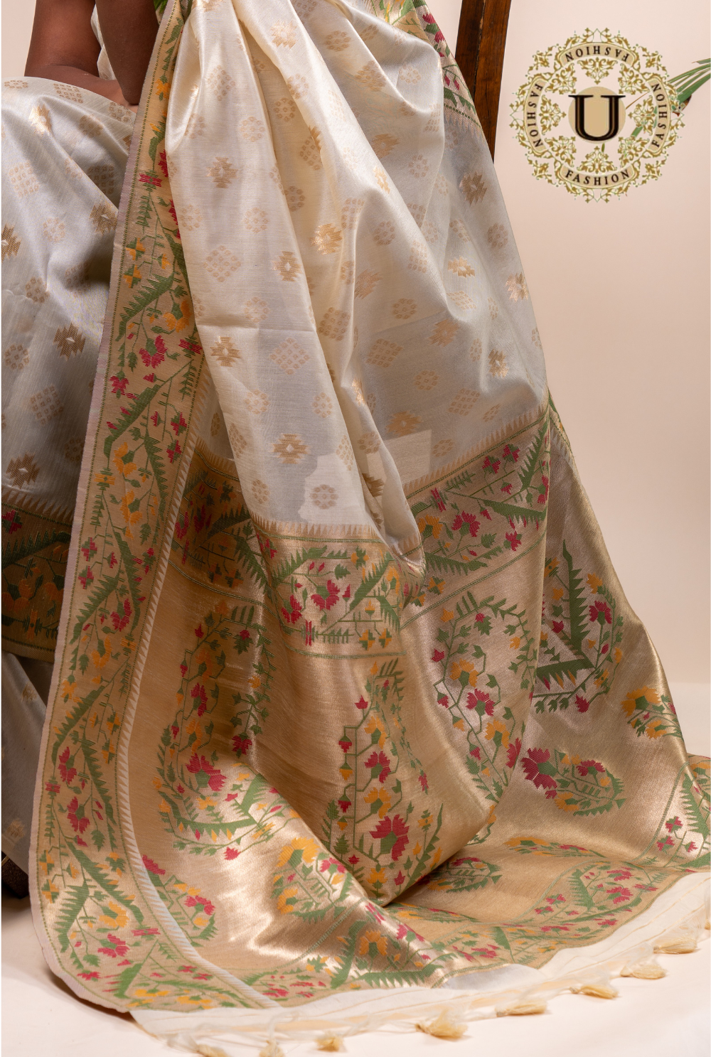 Off white Blended Silk  Zari Border Saree