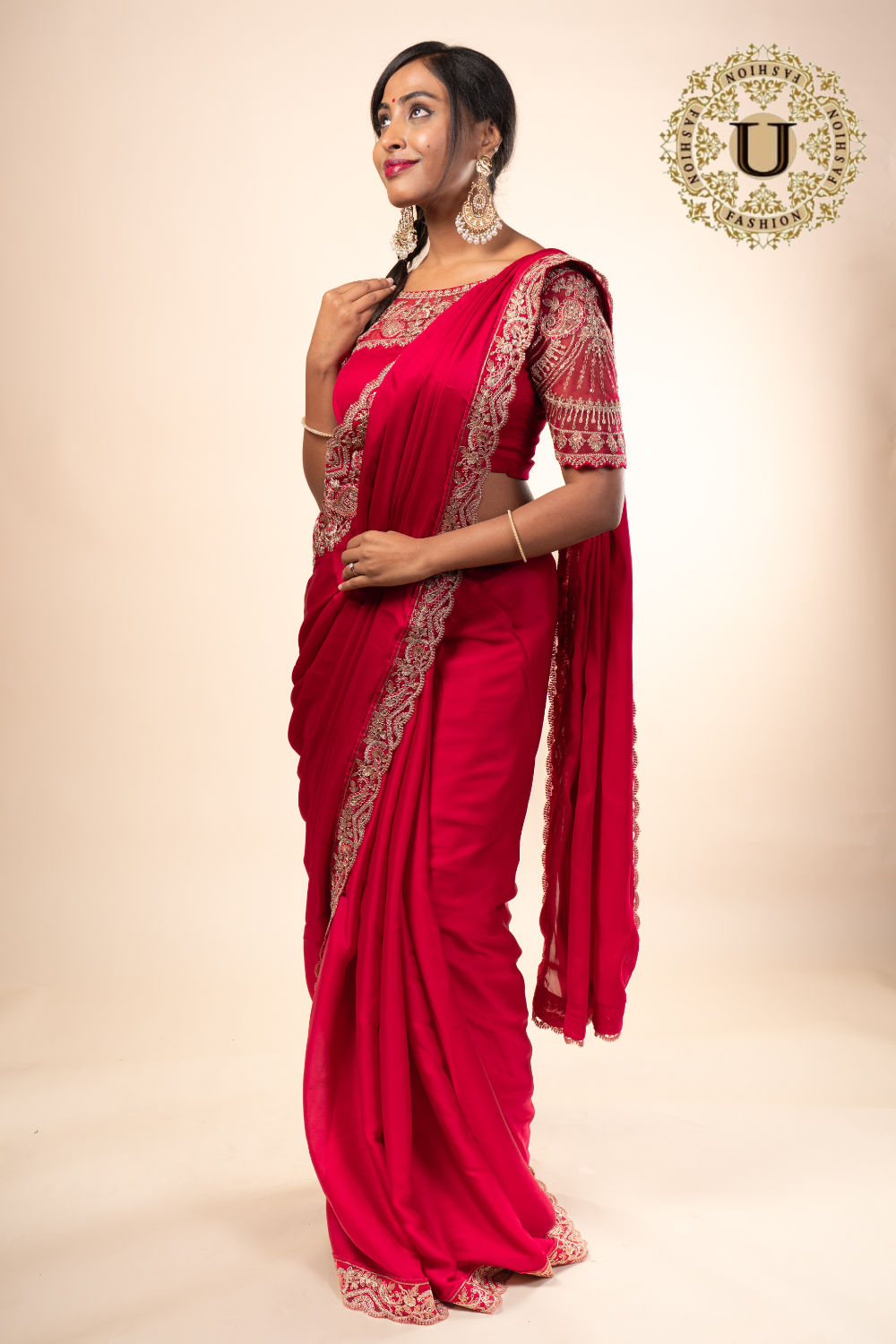 Rani Pink Emroidered Semi Crepe Saree