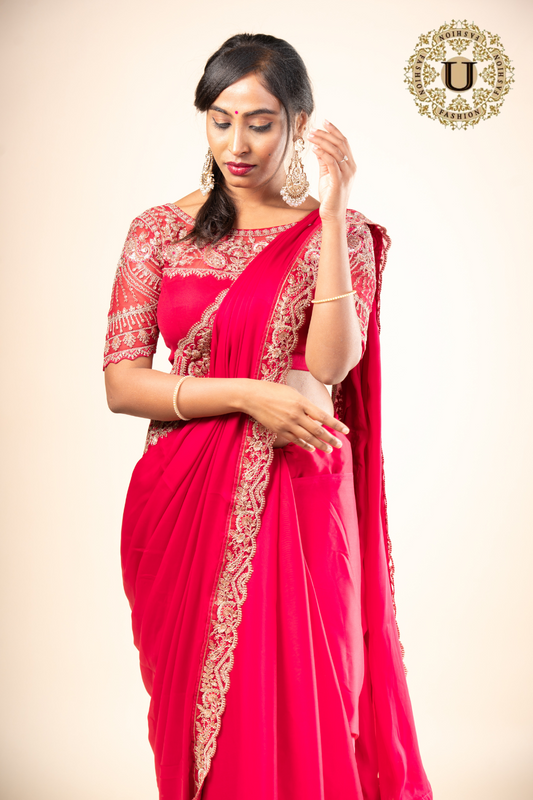 Rani Pink Emroidered Semi Crepe Saree