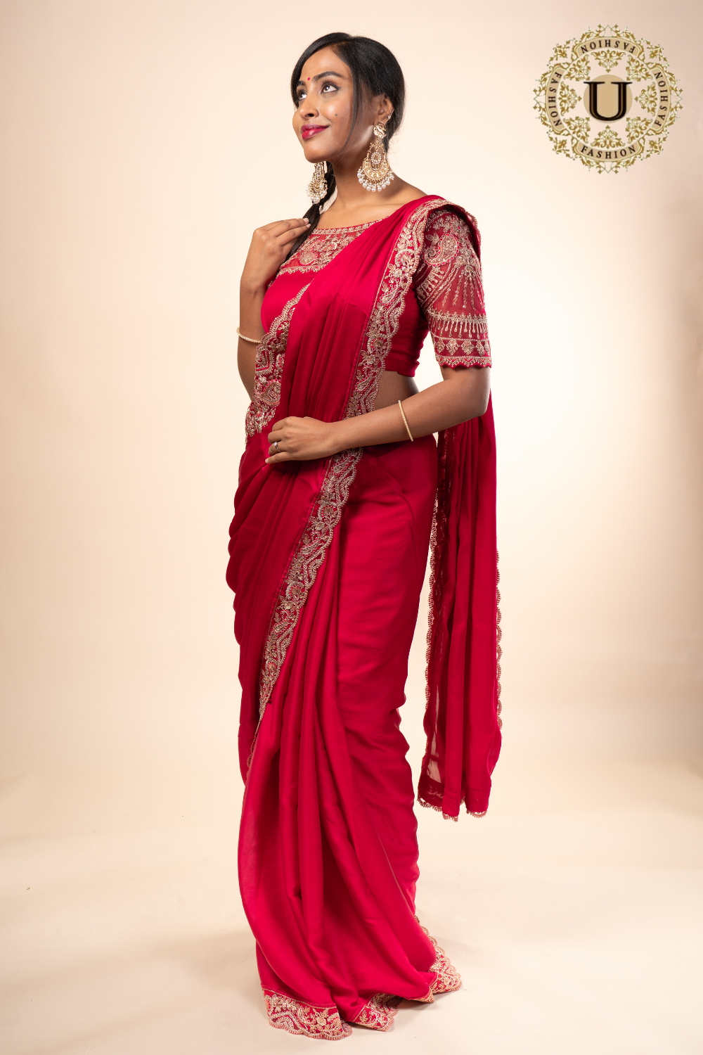 Rani Pink Emroidered Semi Crepe Saree
