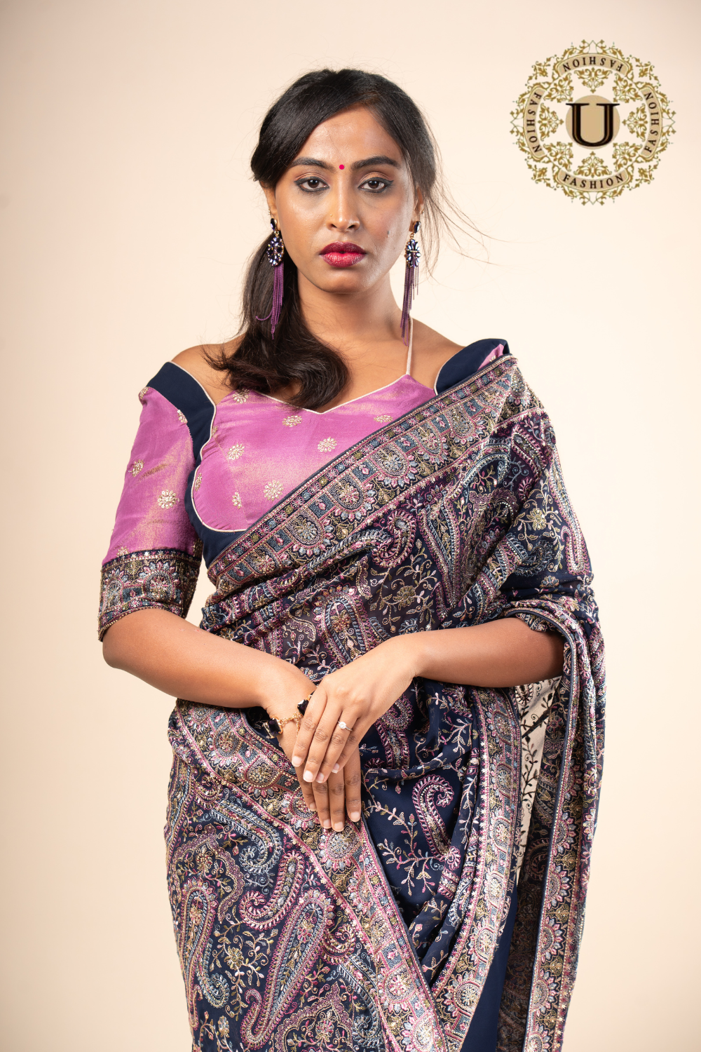 Navy Blue Georgette Sequence Embroidered Saree