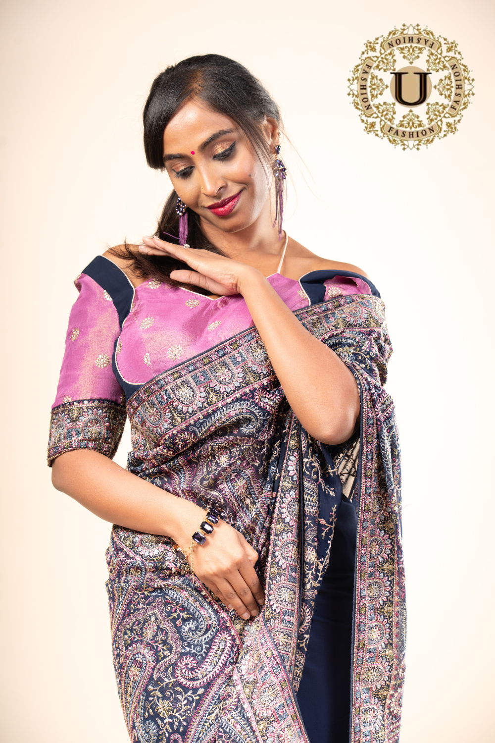 Navy Blue Georgette Sequence Embroidered Saree