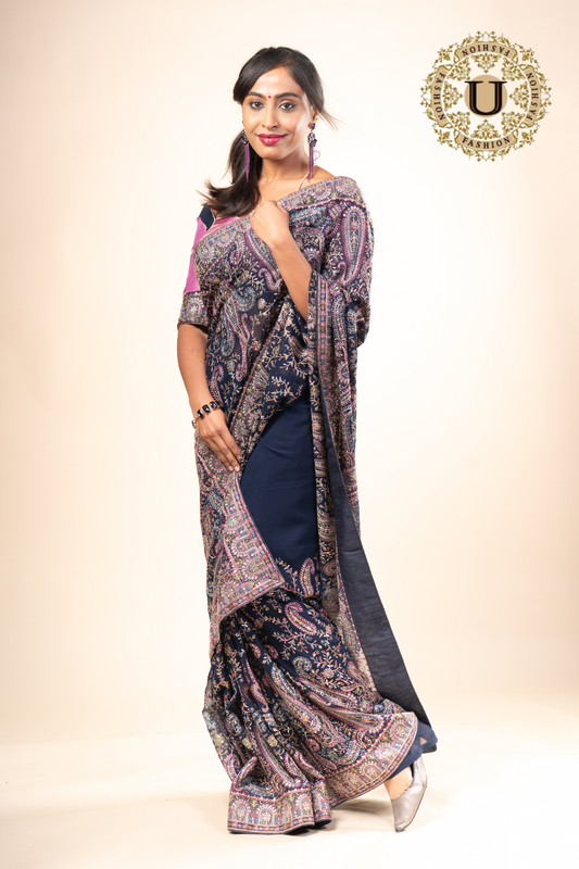 Navy Blue mix Georgette Embroidered Saree