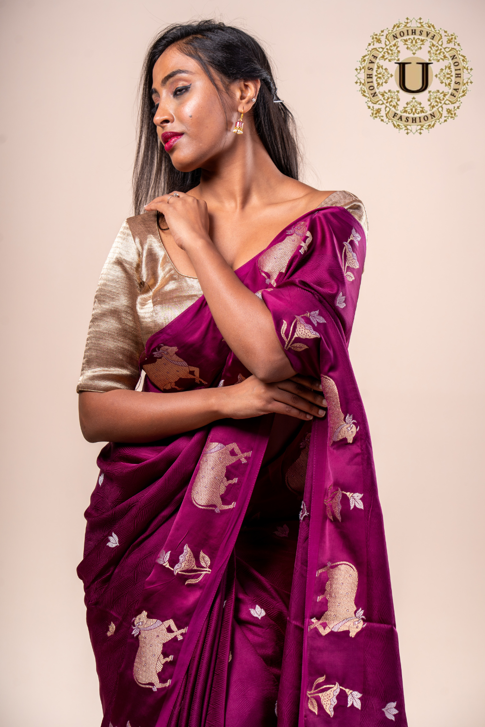 Wine crape zari cow design saree