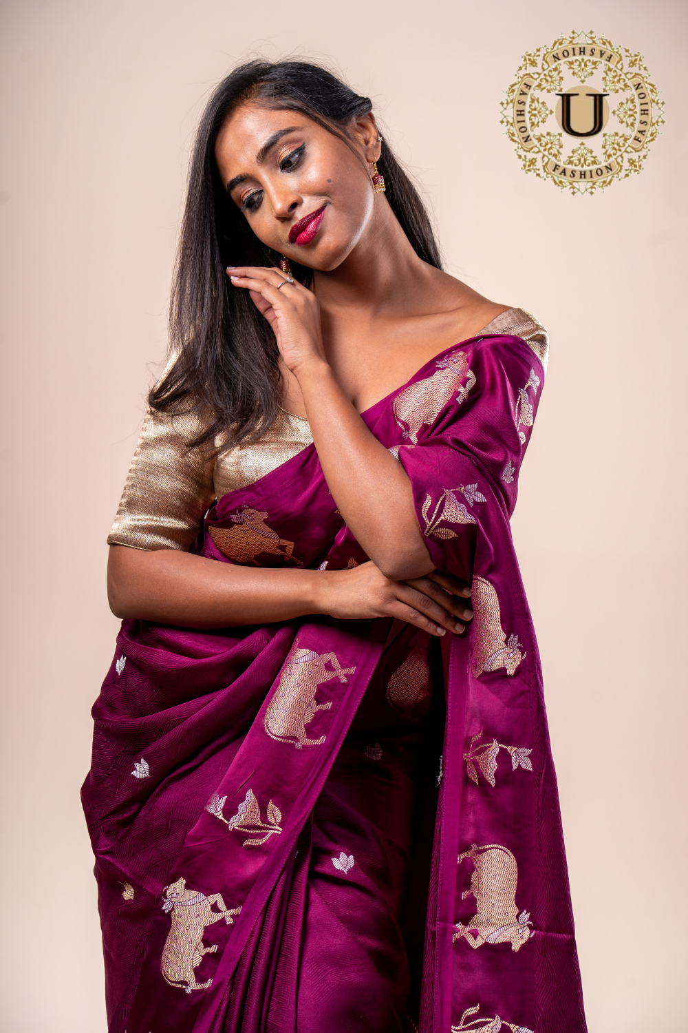 Wine crape zari cow design saree