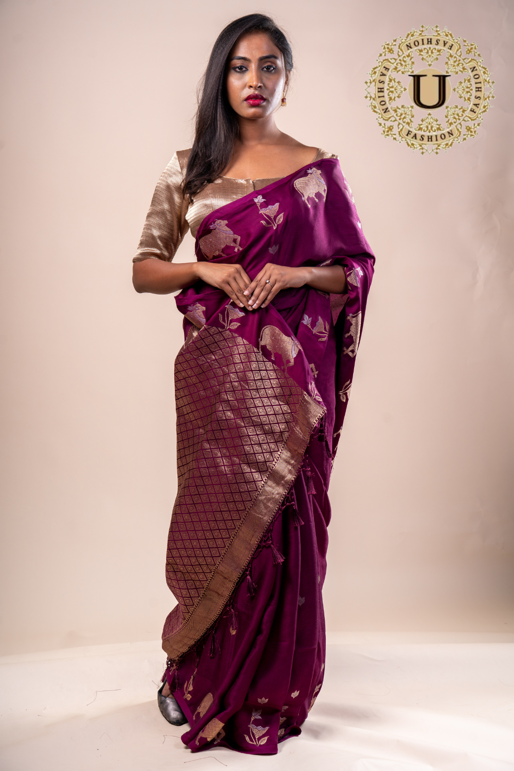 Wine crape zari cow design saree