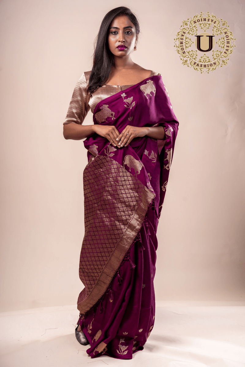 Wine crape zari cow design saree U fashion