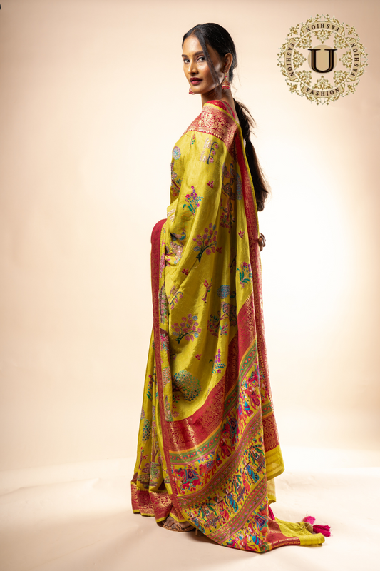Lime Green Viscose Woven  Silk Saree