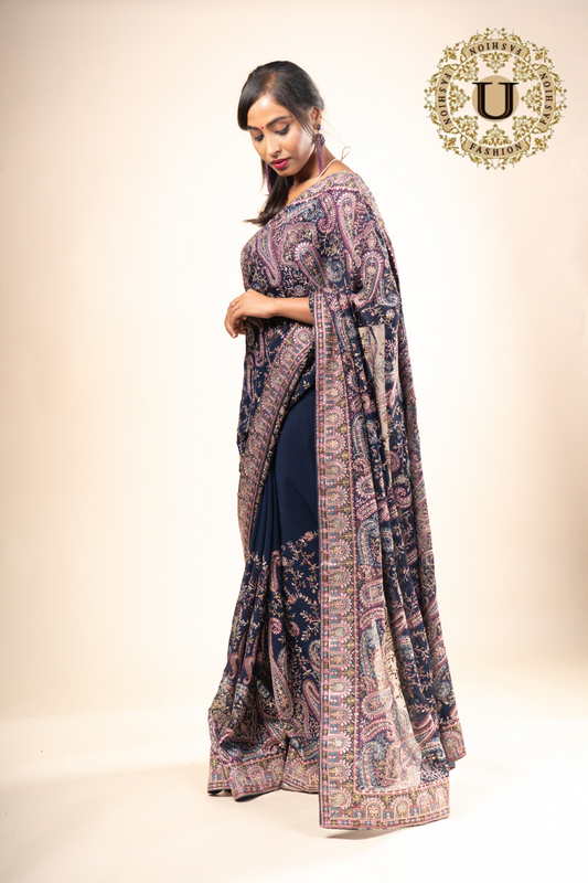 Navy Blue Georgette Sequence Party Saree